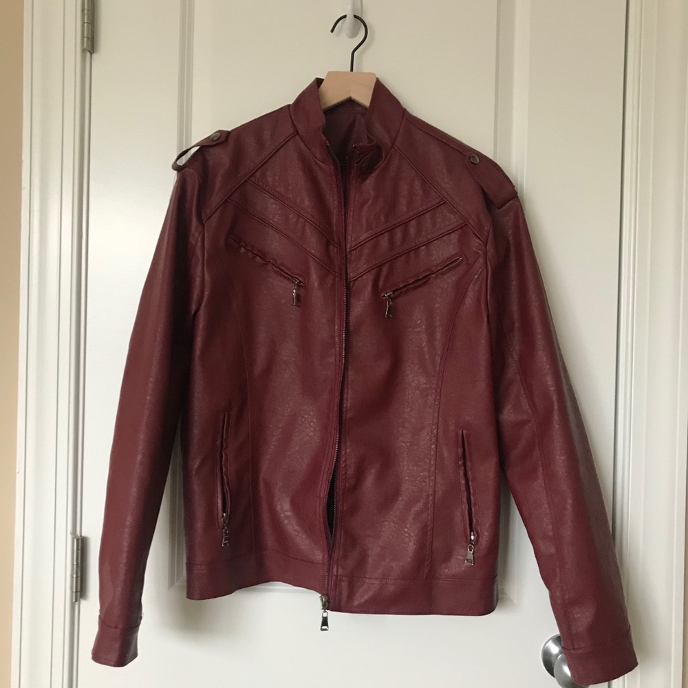 Red vegan leather moto jacket
